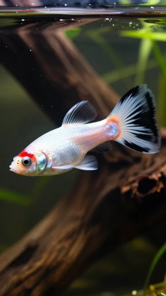 Classic koi guppy with red mask, white base, and black-edged tail
