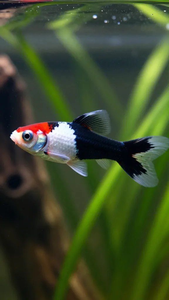 Koi tuxedo guppy with half-body melanin and red anterior mask