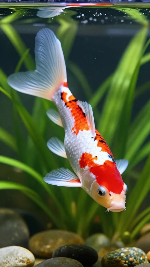 Koi lyretail guppy with elongated split caudal fins