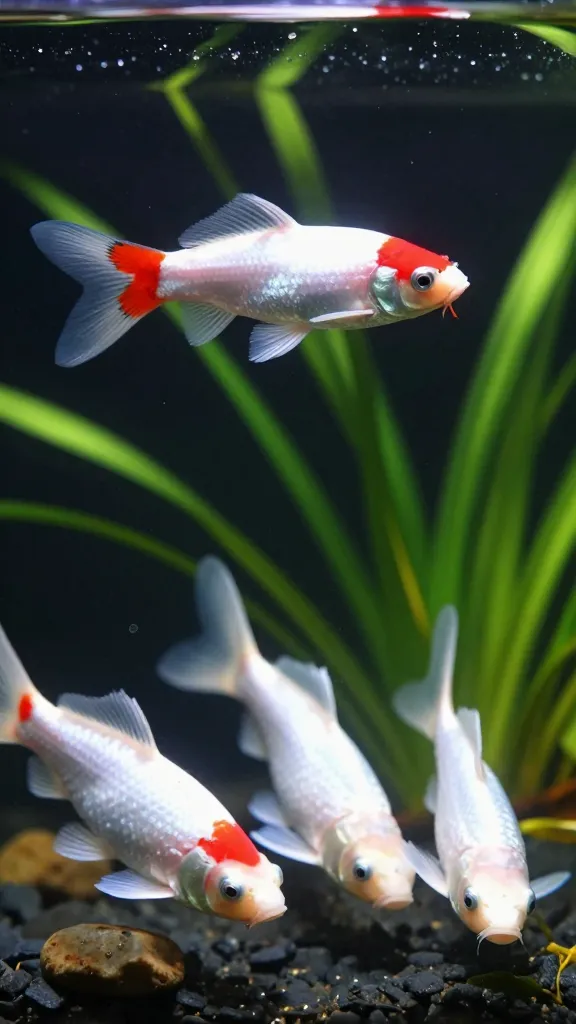 Koi swordtail guppy with extended caudal sword and tricolor body