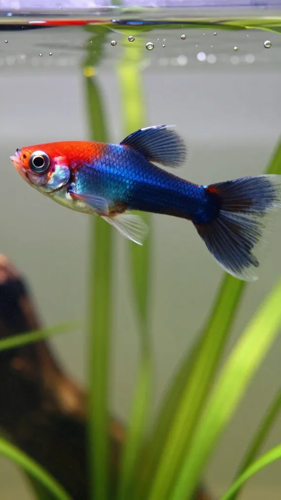 Koi Moscow cross guppy with dense melanin body and red koi face