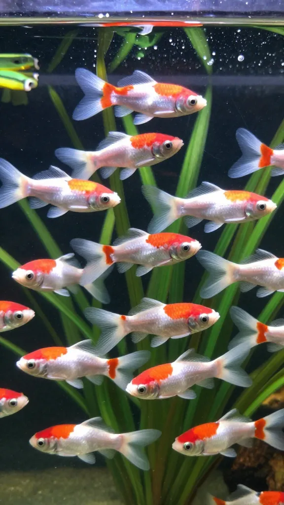 Koi shortfin show strain guppies schooling in a planted tank