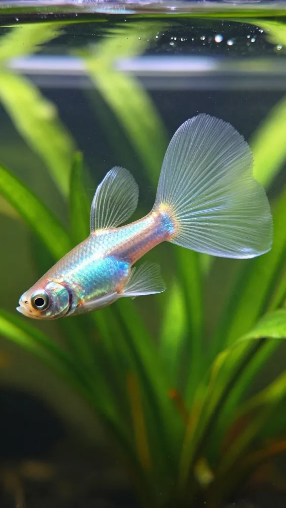 Delta tail guppy showing broad triangular caudal spread