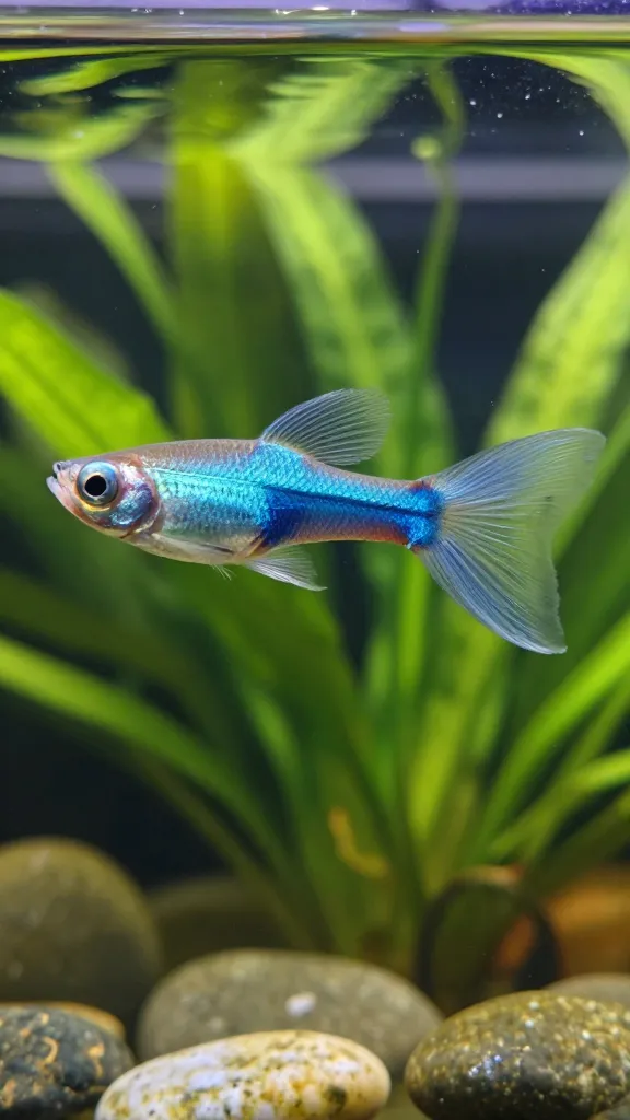 Lyretail guppy with elongated upper and lower caudal extensions