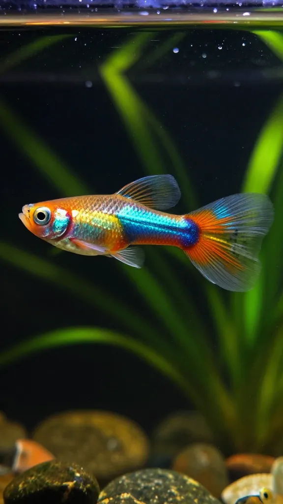 Guppy showing layered pigment pattern under aquarium lighting