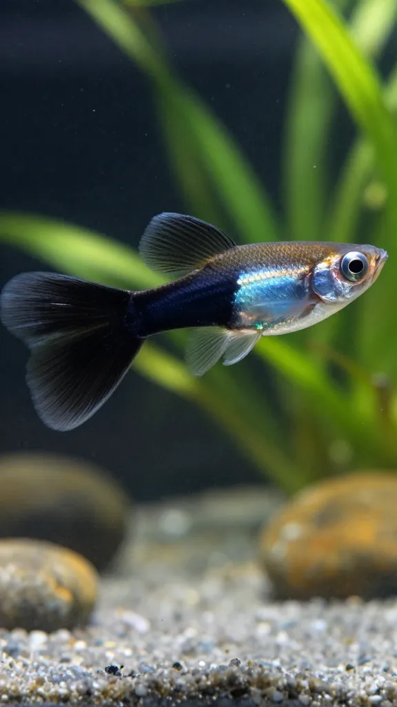 Tuxedo guppy showing clear two-tone front-to-rear color break