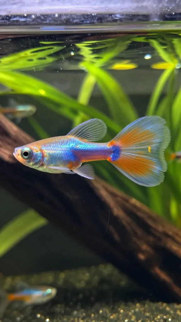 Guppy with frayed tail fin showing shear damage from high flow