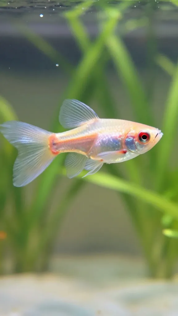 Albino guppy with red eyes and pale body showing carotenoid coloration