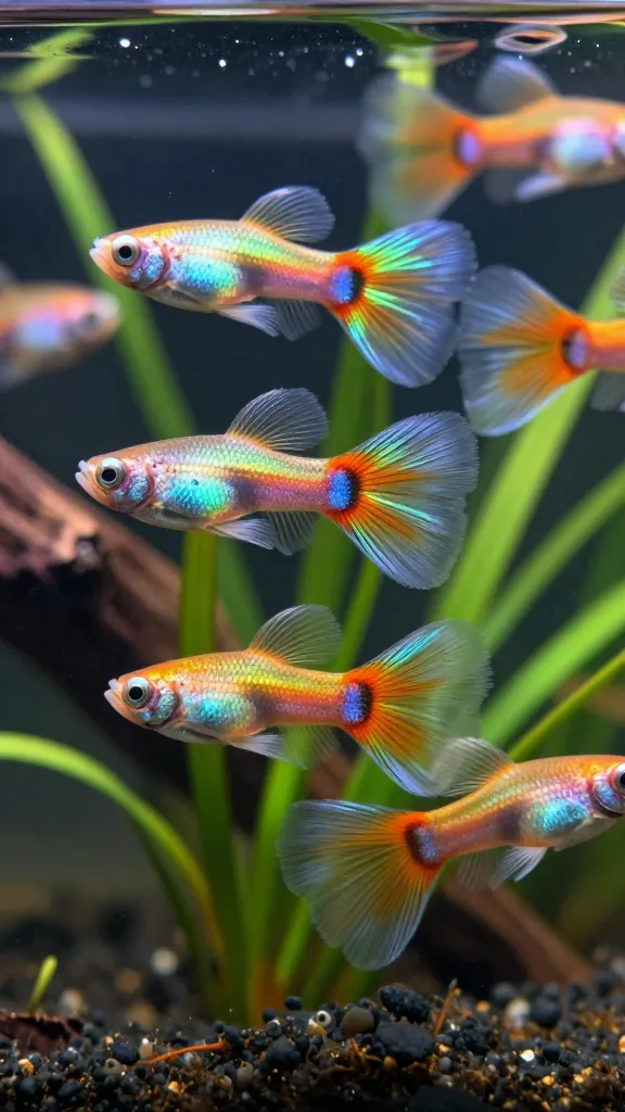 Endler-guppy hybrid showing narrow body and metallic neon shoulder bars