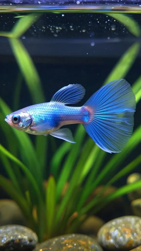 Halfmoon fantail guppy with semicircular caudal display