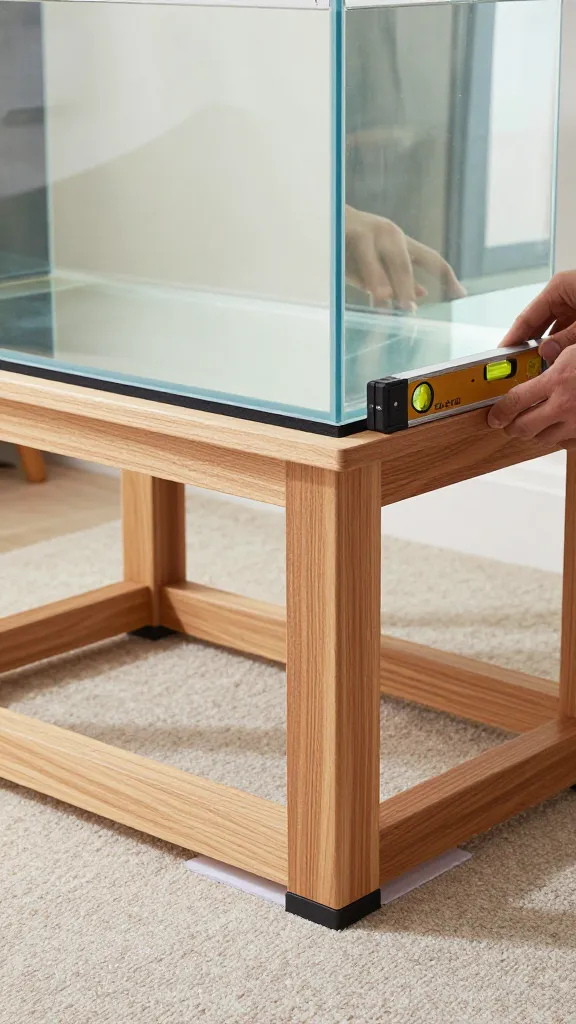 Leveling foam pad and shims under aquarium tank