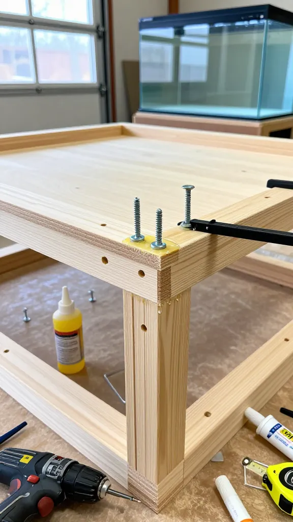 Structural screws and wood glue joints on aquarium stand frame