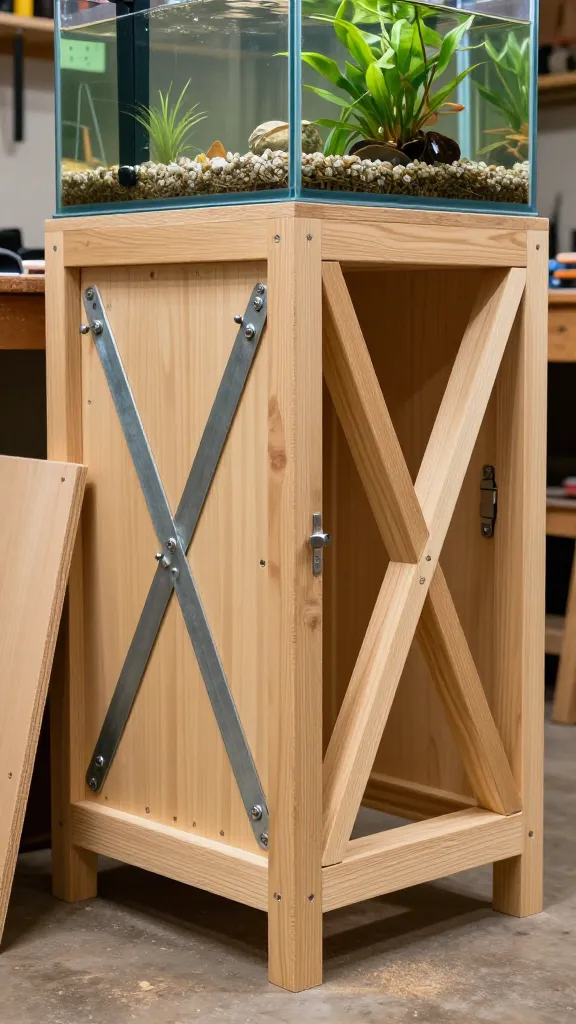 Diagonal bracing and plywood skin on fish tank stand
